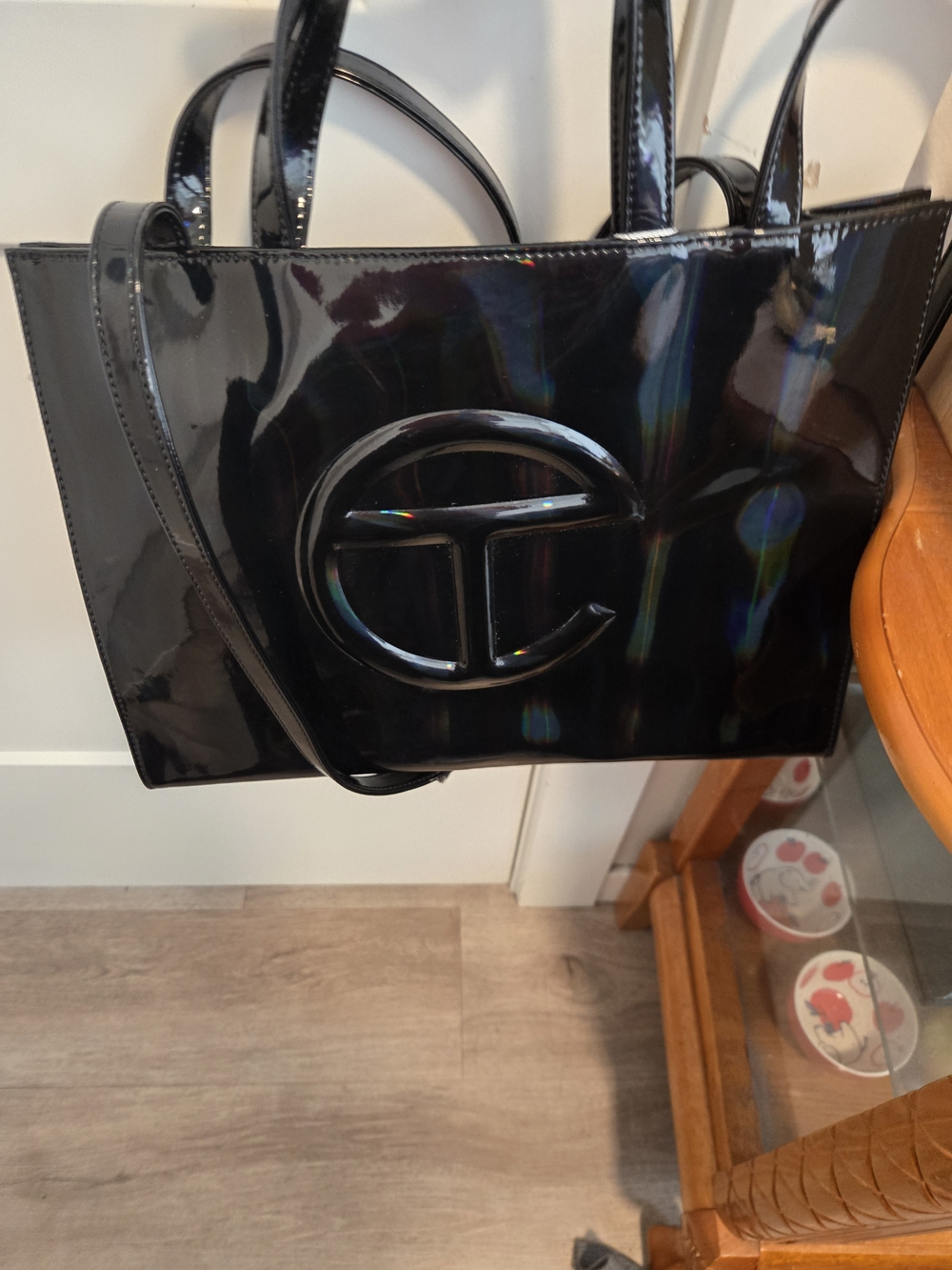Telfar Glossy Black Patent Tote with Raised Emblem